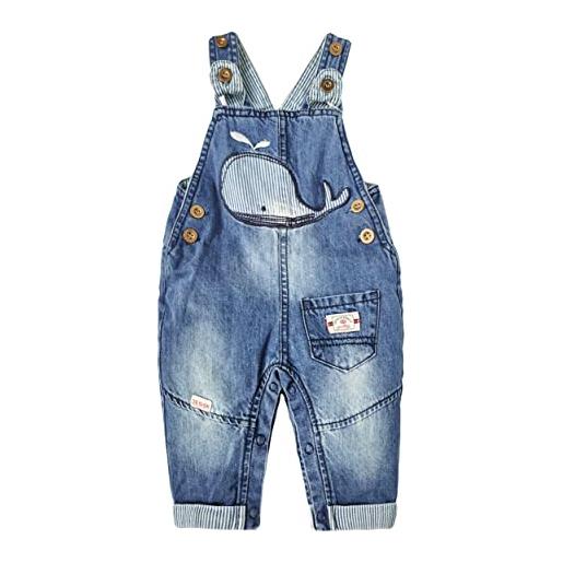 KIDSCOOL SPACE salopette di jeans ricamata balena per neonate, facile da cambiare pannolino con gambe a scatto, blu, 18-24 mesi