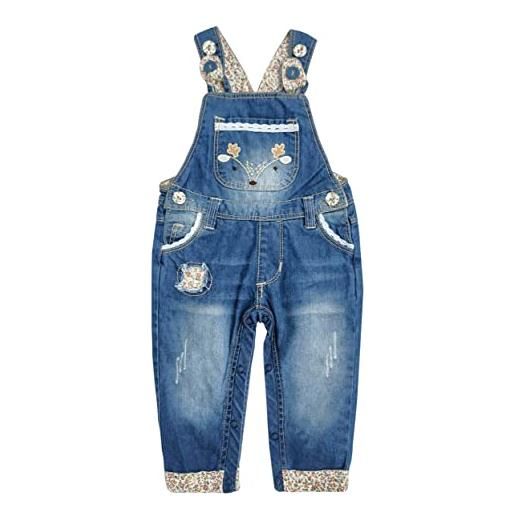 KIDSCOOL SPACE salopette di jeans patchata con tasca con bretelle per neonati, facile da cambiare pannolino, blu, 6-9 mesi