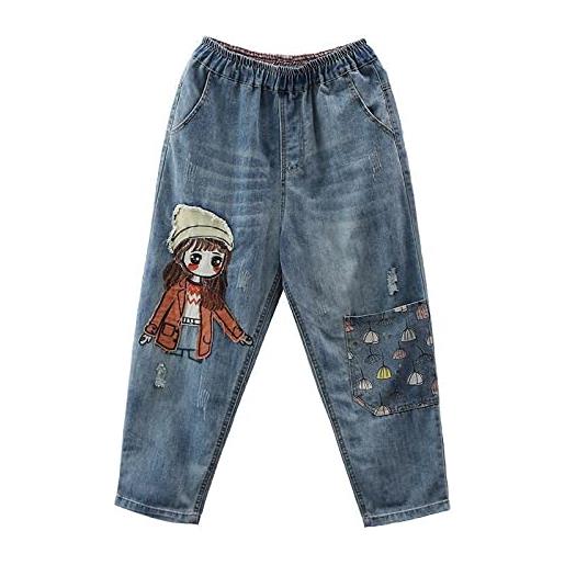BAIYIT jeans da donna con ricamo a toppa da ragazza dei cartoni animati pantaloni larghi con tasche larghe in denim stile etnico, blu a, xxl
