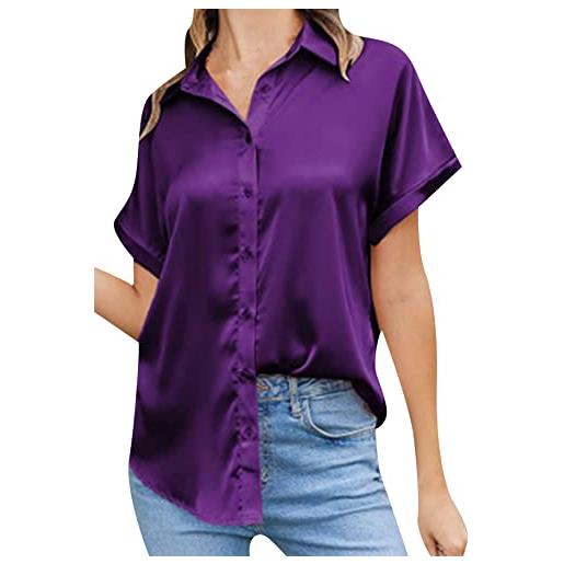 YMING camicie allentate in raso di seta per le donne camicia con risvolto a bottoni camicie eleganti di colore solido con collo a v viola s