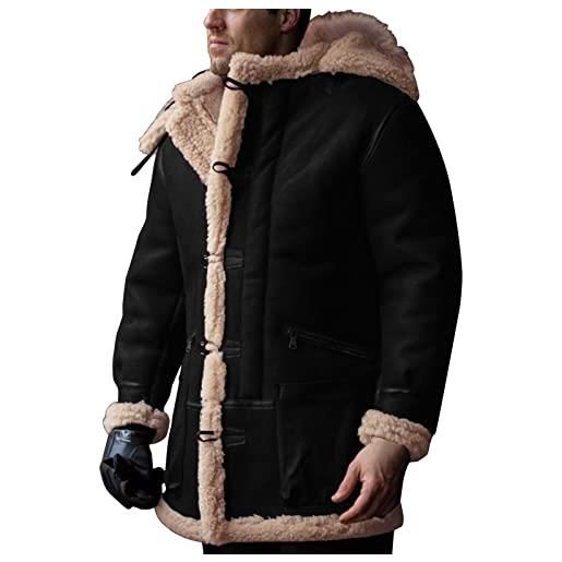 MaNMaNing uomo cappotti giacca invernale giacca da uomo in pelle imbottita a maniche lunghe con collo a bavero, giacca invernale con cappuccio, taglie forti, giacca vintage in pelle di pecora