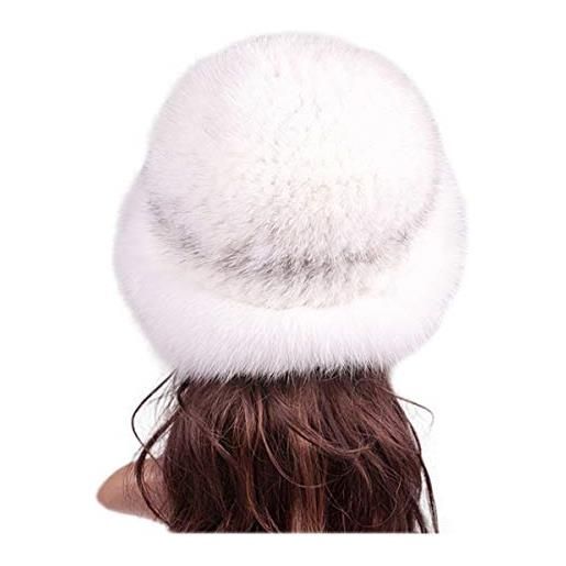 KAISHIN cappello da pescatore invernale in pelliccia di visone per donna cappelli fedora in vera pelliccia a maglia con bordo in pelliccia di volpe (bianco grigio)