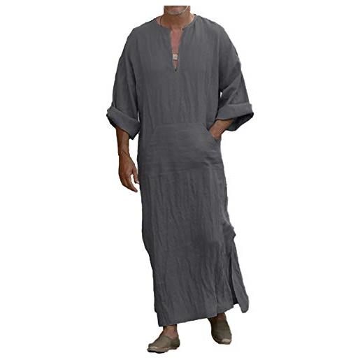 Chiatai casual etnico musulmano thobe, lino kaftano maniche lunghe medio oriente arabi saudita vestiti con tasche, grigio, xl