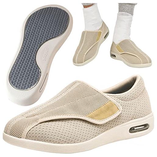 AEHO pantofole diabetici uomo, sandali larghi comodi, uomo chiusura velcro scarpe per anziani uomo donna con velcro per piedi gonfi che necessitano di extra elasticità, beige, 44.5 eu