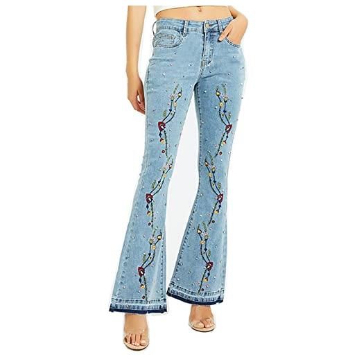 Boan pantaloni jeans da donna slim svasati in denim taglia normale con fiori ricamati, taglia grande, blu, 48