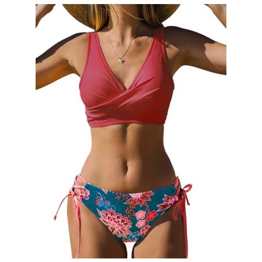 CUPSHE bikini set donna vita alta costume da bagno con lacci con stampa floreale due pezzi, xl