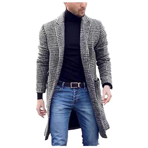 Suncolour cappotto da uomo in lana scozzese a quadri a 3/4 grigio da uomo cappotto lungo scozzese scozzese da uomo giacca invernale con risvolto elegante