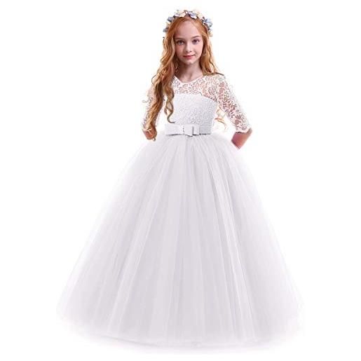 OBEEII bambina vestito principessa in pizzo manica mezza abbigliamento bambine invernale eleganti abito principessa de festa cerimonia sposa sera per ragazza 5-6 anni bianco