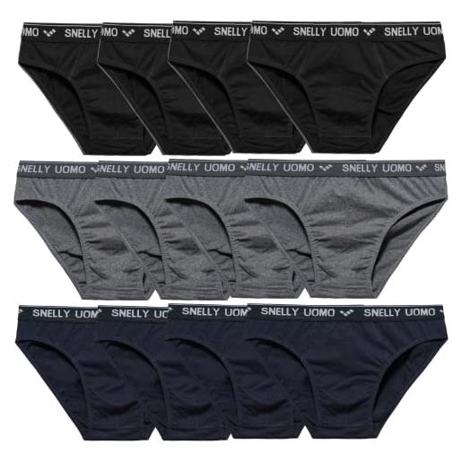 SNELLY mutande uomo slip in cotone elasticizzato pacco da 6-9-12 pezzi slip bianco o nero o 6-12 slip colori assortiti (nero, blu, grigio) con elastico esterno u111e intimo pratico comodo e di marca