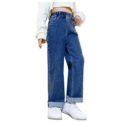 Happy Cherry jeans ragazze in cotone pantaloni larghi vita alta jeans con tasche pantaloni denim blu dritto fori vintage per bambini