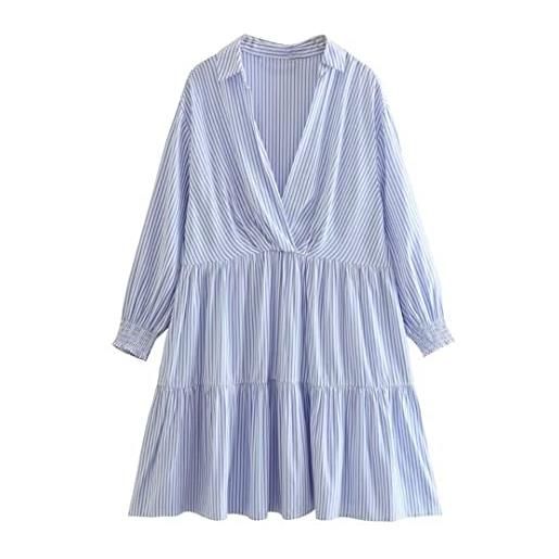 Dndrdhfb vestito corto pieghettato manica casual delle donne del vestito a righe blu di estate delle signore, abito a righe, s