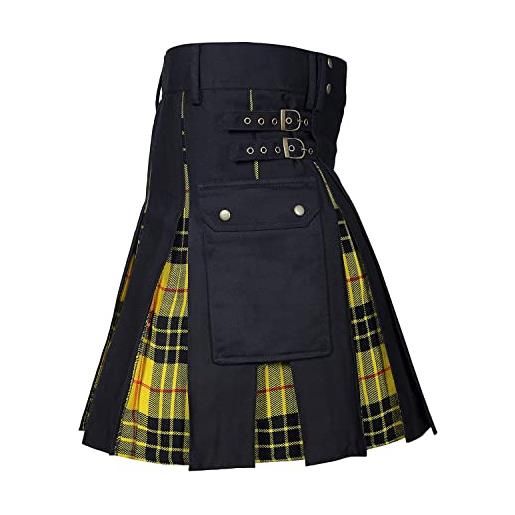 BaronHong kilt da uomo, costume scozzese tradizionale scozzese delle highland, con fibbia a pieghe, kilt con tasche cargo (giallo-nero, 3xl)
