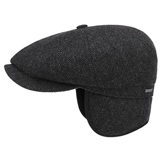 Stetson coppola hatteras classic ear flaps uomo - made in the eu berretto newsboy cappellino lana protezione orecchie con visiera, paraorecchie, fodera inverno autunno/inverno - 61 cm nero-grigio