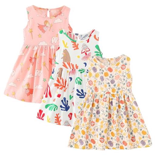 amropi vestito smanicato da bambina, confezione da 3, bimba floreale estivi abiti rosa bianco fiore, 2-3 anni