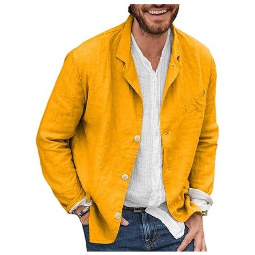 Jsrichhe giacca casual da uomo in cotone e lino con tre bottoni tinta unita, giallo, xl