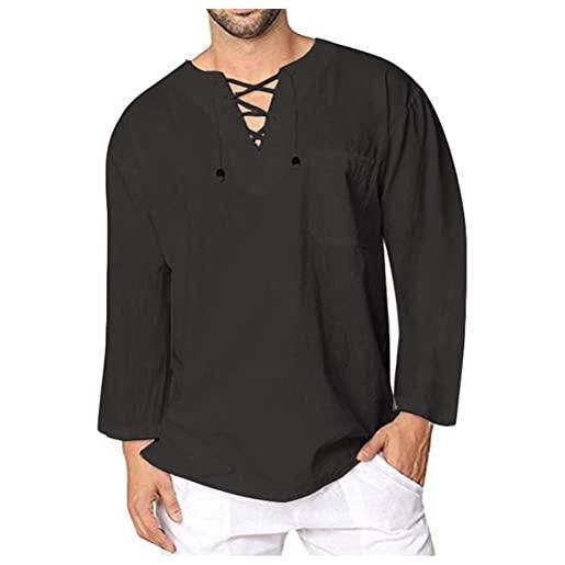 Tomwell camicia casual da uomo shirts estate elegante casual maniche lunghe scollo a v con lacci traspirante moda camicie in lino di cotone maglietta camicie spiaggia a nero 3xl