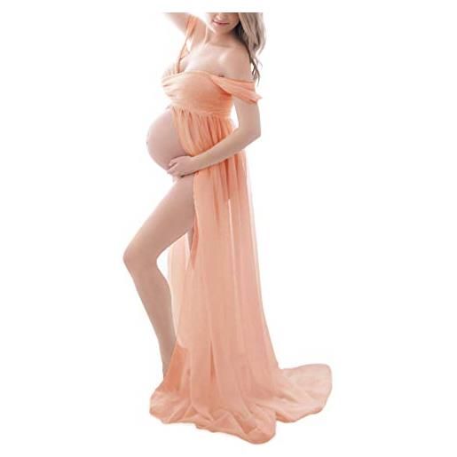 H1ING abito premaman per fotografia off spalla chiffon frontale maxi gravidanza abiti per servizio fotografico champagne rosa. X-large