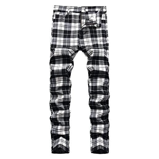 FEOYA pantaloni a quadri uomo pantaloni chino slim fit pantaloni scozzesi elasticizzati pantaloni a gamba dritta skinny pantaloni eleganti cotone pantaloni formali plaid tartan blu taglia 42