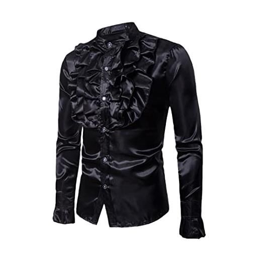 Generic camicia in raso di seta viola da uomo, camicia vintage slim fit abito da smoking, camicie gotiche lunghe sleeeve, nero , xxl