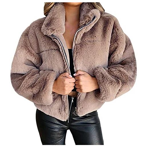 Angel ZYJ cappotto donna in pelliccia sintetica pile maniche lungo giacca, cappotto elegante caldo caldo con cerniera autunno e inverno (s, kaki)