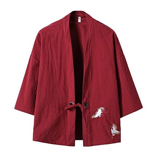 Yishengwan t-shirt uomo cardigan stampato maglietta kimono giapponese cardigan yukata haori casual primavera estate camicia vino rosso xs