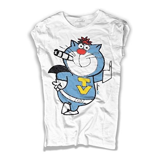 3styler t-shirt donna bianca supertelegattone telegattone gatto azzurro - superclassifica show - linea amazink - cotone fiammato (slub) 150 gr/mq (m, bianco)