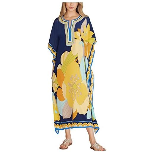 Youkd abito lungo da donna pirnt floreale in caftano lungo taglie pluse bikini da spiaggia, un giallo blu scuro, taglia unica