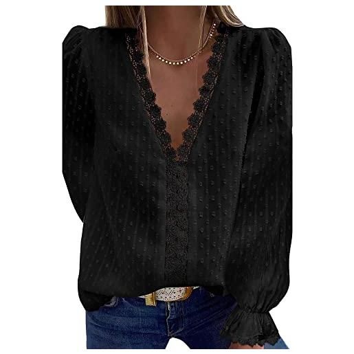 Bipily blusa magliette donna camicia a maniche lunghe sbuffo eleganti scollo a v pizzo bluse t shirt tops(nero, l)