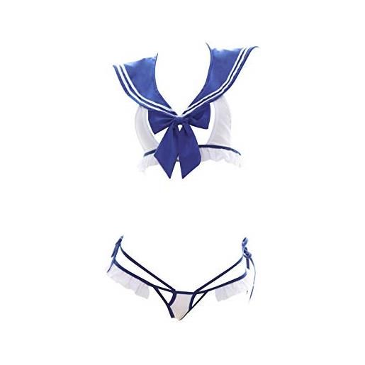 YOMORIO lingerie donna - set di bikini a tre punti, costume da marinaio con fiocco a farfalla, pigiama da donna, blu + bianco, m