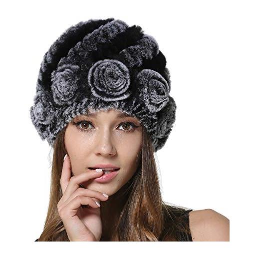 KAISHIN cappelli di pelliccia di coniglio invernale berretti stile floreale cappellini di vera pelliccia lavorati a maglia da donna (nero grigio)