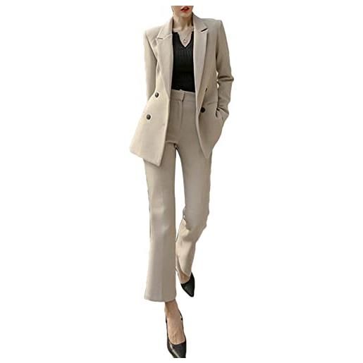 DAIHAN completo tailleur da donna, 2 pezzi, slim fit, giacche da abito doppio petto, con pantaloni lunghi da completo set, per ufficio e lavoro, bianco, xl