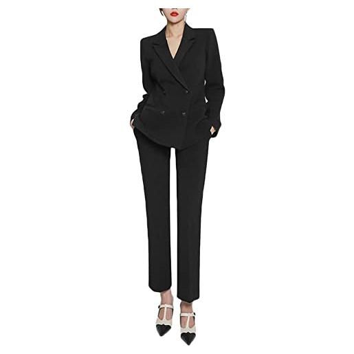 DAIHAN completo tailleur da donna, 2 pezzi, slim fit, giacche da abito doppio petto, con pantaloni lunghi da completo set, per ufficio e lavoro, nero, m