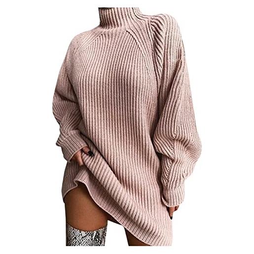 IQYU maglione invernale da donna, caldo, lungo, maglione a maglia, oversize, vintage, a maniche lunghe, elegante, abito invernale da donna, abito a maglia elasticizzato, a tunica, colore: rosa. , m
