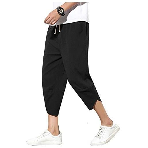 DSJJ pantaloncini uomo cotone lino casual bermuda 3/4 cargo shorts vintage baggy coulisse jogging pantaloncini (nero, l)