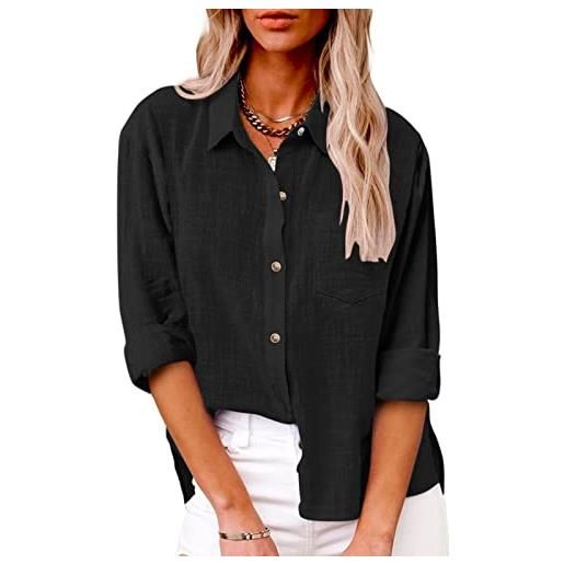 QLXYYFC camicie in lino da donna camicia abbottonata con scollo a v in cotone camicetta da lavoro casual a manica corta ampia (color: nero, size: l)