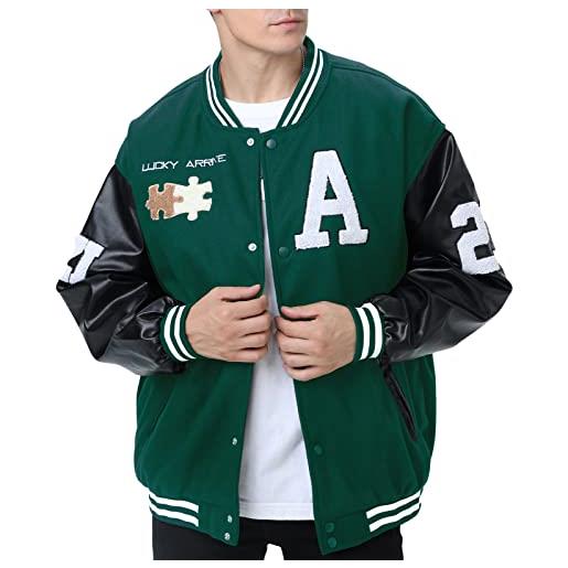 Moshtashio giacca uomo da baseball varsity jacket vintage cappotto unisex lettera felpa motociclista giubbotto da coppia (1 verde, xl)