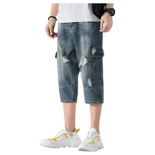 Oanviso pantaloncini di jeans da uomo 3/4 capri pantaloni bermuda jeans shorts con tasche pantaloncini a gamba dritta alla moda casual pantaloncini in denim estivi strappati jeans a blu 3xl