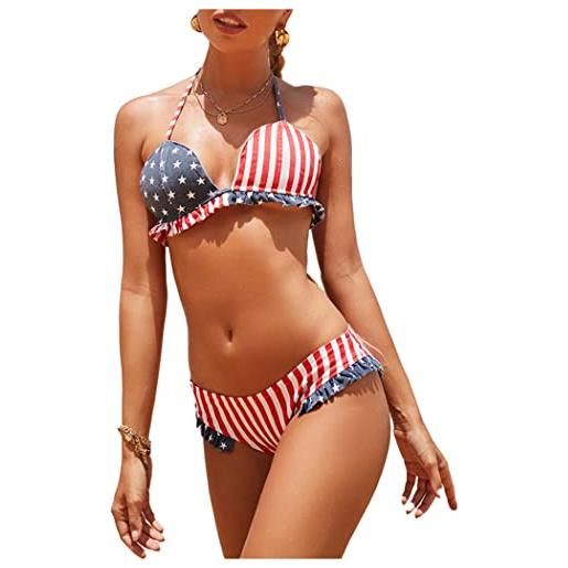 CYGE bikini con bandiera americana a 2 pezzi per donna bikini con cinturino in denim con volant bikini top bikini rosso bianco e blu abbigliamento da spiaggia, flag, m