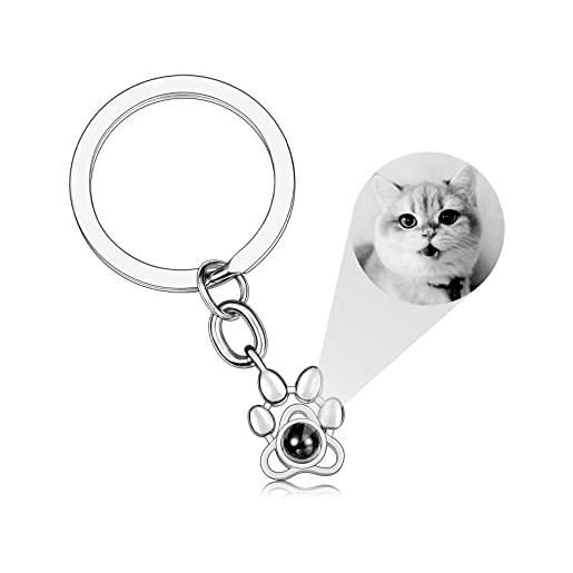 MunkiMix portachiavi con foto colorata personalizzata con ciondolo proiezione in argento sterling portachiavi in argento con stampa della zampa memoriale per la perdita cane gatto