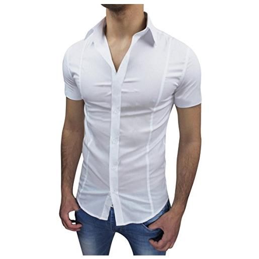 AK collezioni camicia uomo slim fit bianca aderente elasticizzata manica corta casual (m)