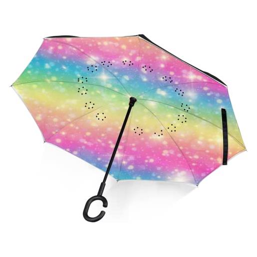 TropicalLife ombrello invertito galaxy rainbow space star antivento aperto chiudere reverse rain umbrella doppio strato sottosopra con manico a forma di c per donne uomini auto viaggi, multi