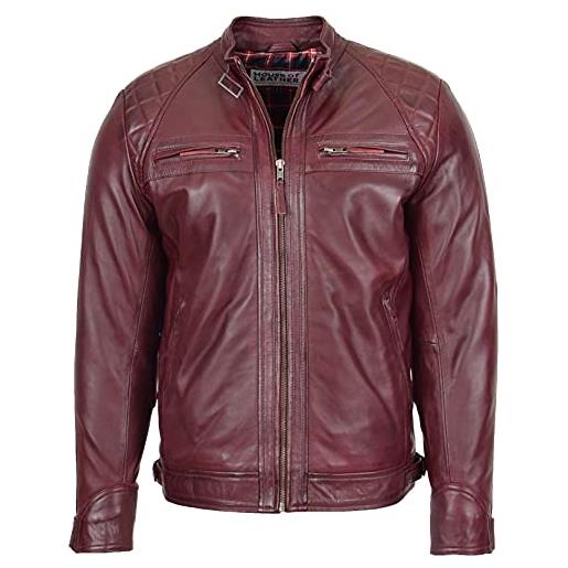 House Of Leather giacca da motociclista da uomo in vera pelle, stile casual cafe racer bowie, borgogna, m