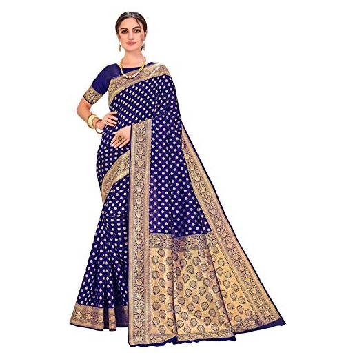 Generic indian bollywood wedding saree banarasi art seta floreale tessuto a mano zari work sari con blusa non stiched pezzo nero, blu navy, etichettalia unica