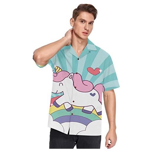 KAAVIYO unicorno cartone animato nuvola arcobaleno carino camicia hawaiana da uomo manica corta casual abbottonatura frontale pantaloncini da spiaggia
