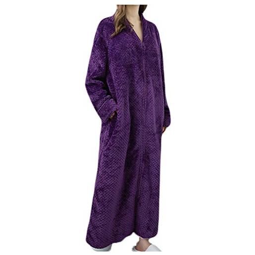 GUOCU vestaglia lunga donna e uomo invernale morbido con zip invernale caldo accappatoio in flanella tinta unita lungo vestaglia microfibra da notte per casa spa hotel, blu donne, m