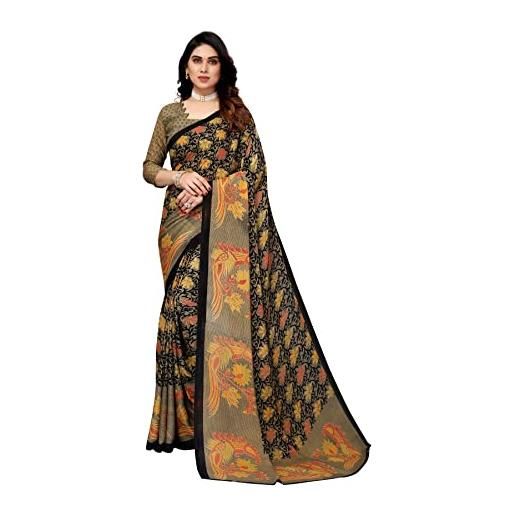 TreegoArt Fashion saree di abbigliamento etnico indiano stampato in georgette da donna con camicetta non cucita -(sanchita black)