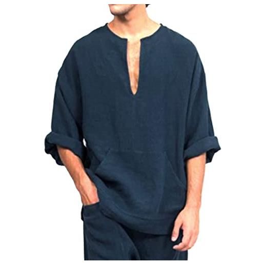 Cicano camicia da uomo musulmano in cotone lino manica lunga tinta unita camicie sciolte arabe camicia centrale, marina militare, 3xl