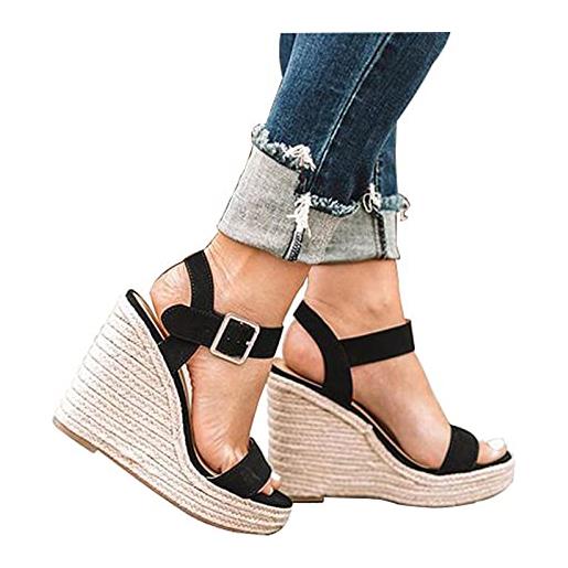 DondPO 2022 - scarpe da donna con tacco a blocco, colore bianco, argento, beige, nero, 41, sexy, elegante, con zeppa e tacco a rombo, sandali estivi, sandali con zeppa, marrone, 39 eu