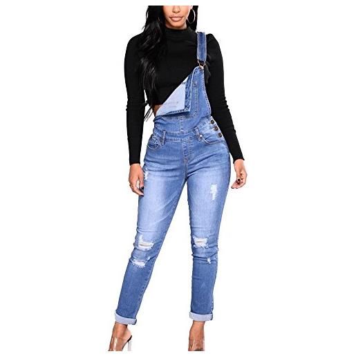ShiFan donna salopette in jeans overall stretti denim pantaloni strappati lunga blu xl