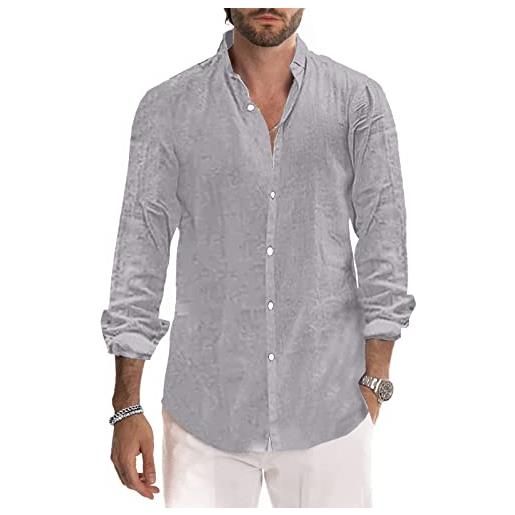 Sprifloral camicia da uomo in cotone e lino, casual, a maniche lunghe, con bottoni, da spiaggia, m-3xl, nero , 3xl
